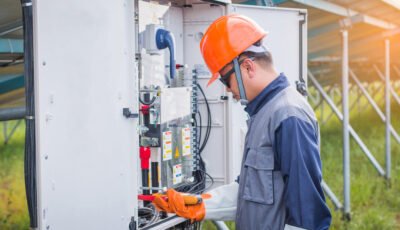 Profissional realiza inspeção em painel elétrico durante a Parada Anual de Manutenção Elétrica (PAME), utilizando equipamentos de proteção em área externa.