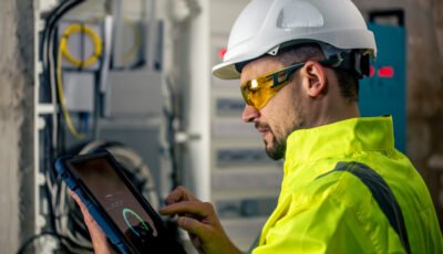 Técnico usando capacete e óculos de proteção enquanto opera um tablet para monitorar um painel elétrico, ilustrando processos de digitalização da energia.